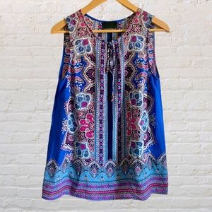 CYNTHIA ROWLEY SLEEVELESS PAISLEY KEYHOLE CHEST TIE BLOUSE TANK TOP